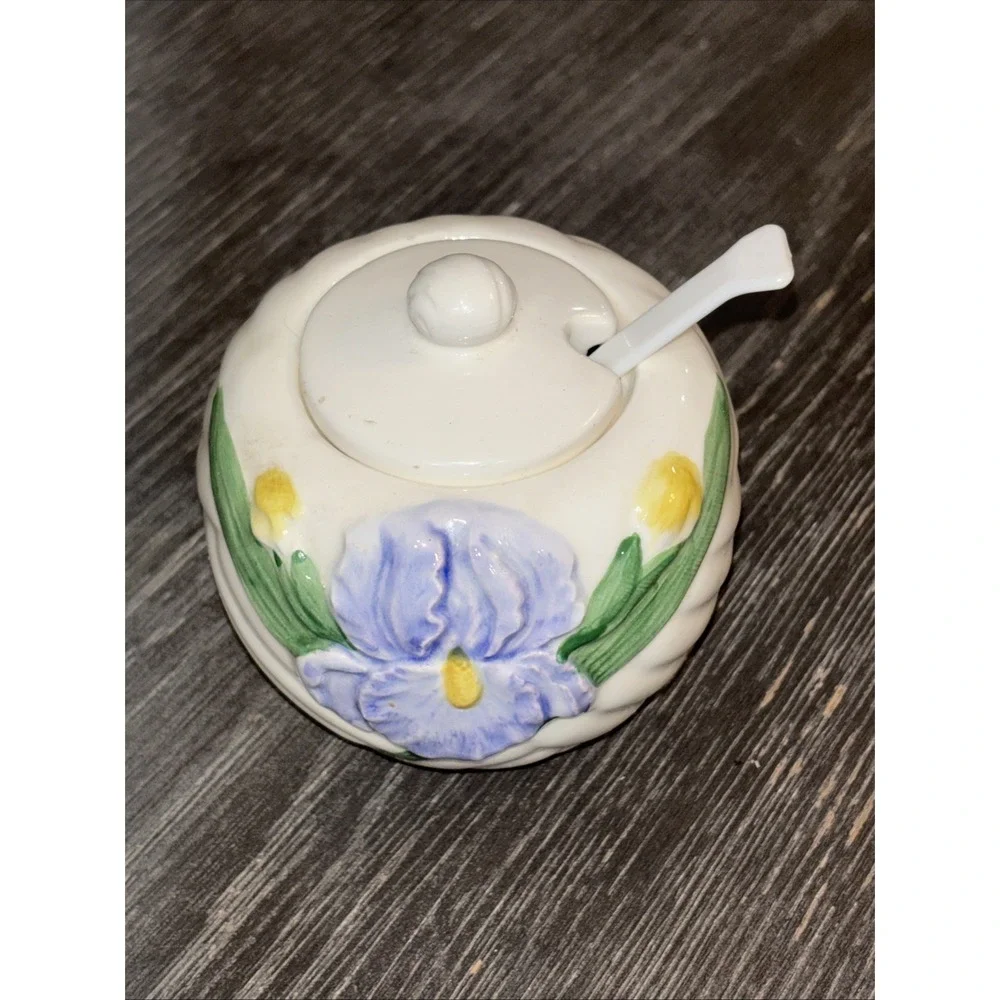 Otagiri Mary Ann Baker Floral Basket Jam Sugar Pot Bowl with Spoon Japan Vintage